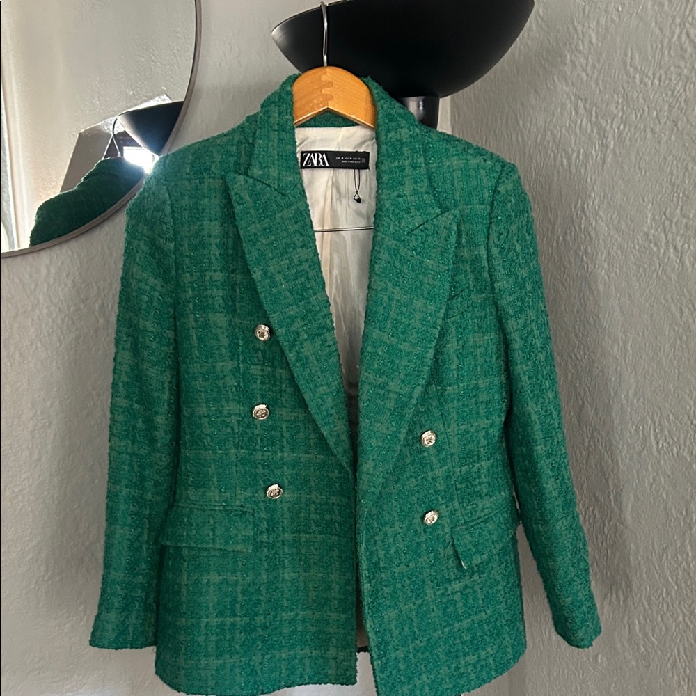 Zara Emerald Green Tweed Double-Breasted Blazer with Gold Buttons